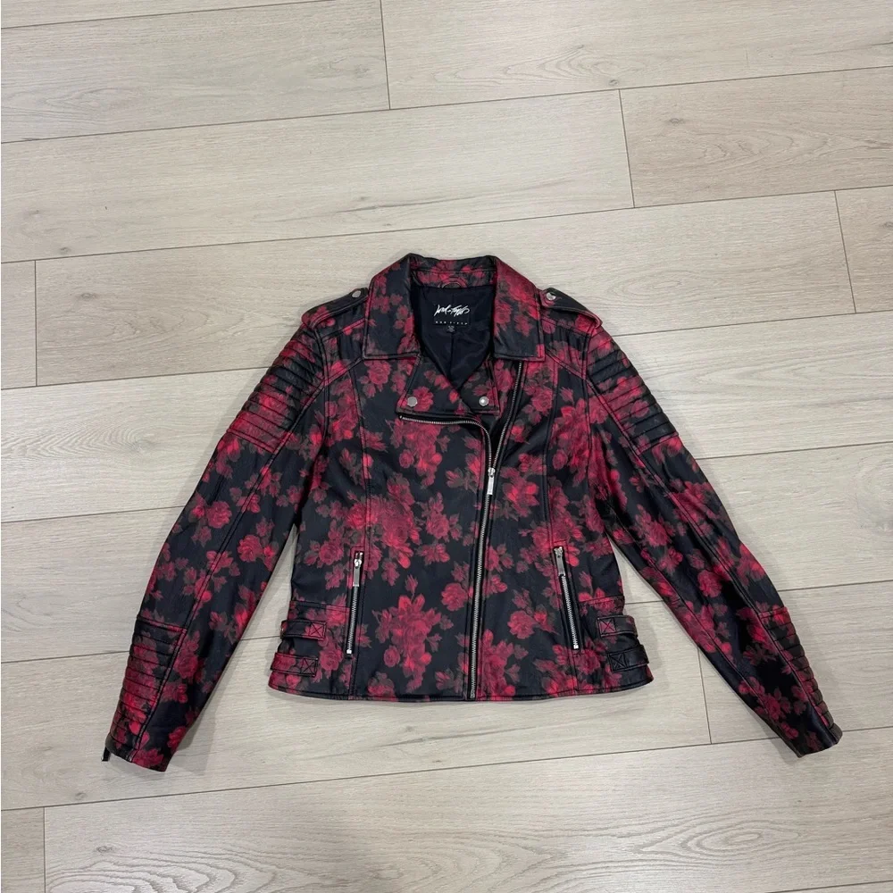 Lord & Taylor 424 Fifth Red Rose Black Leather Moto Biker Jacket - Picture 3 of 10